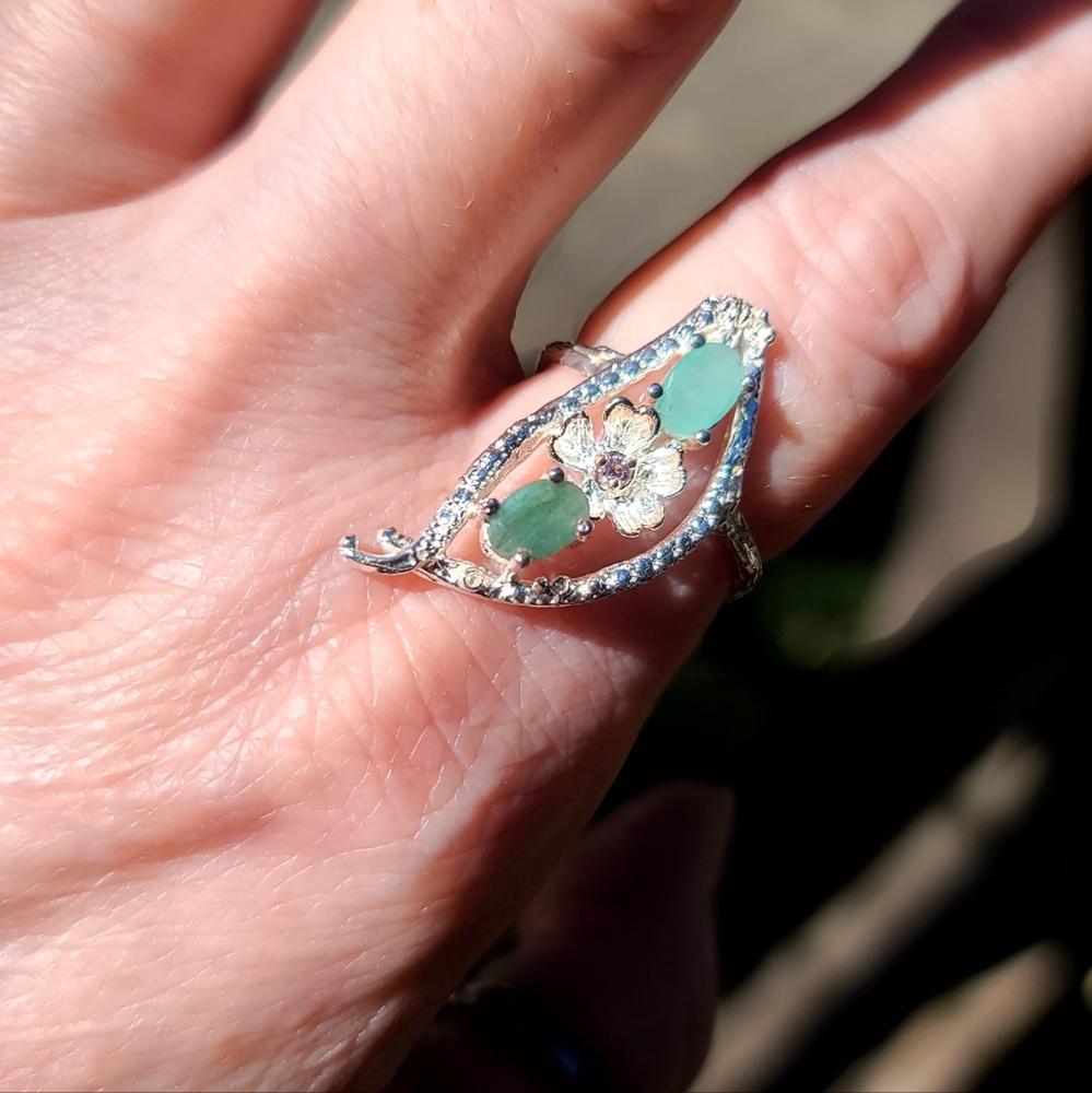 "2 Peas in a Pod" Emerald & Pink Topaz sterling ring sz8 - Picture 6 of 7